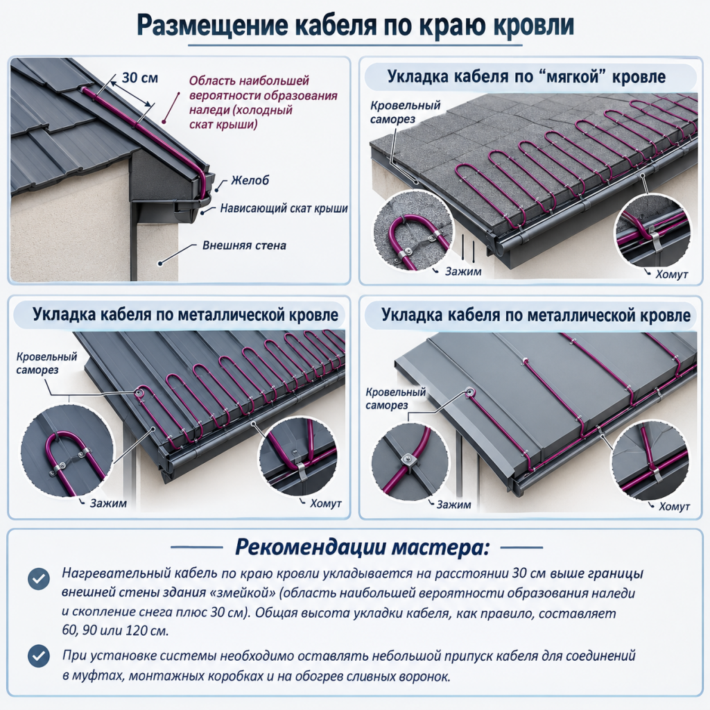 Размещение кабеля системы антиобледенения кровли Размещение кабеля системы антиобледенения кровли